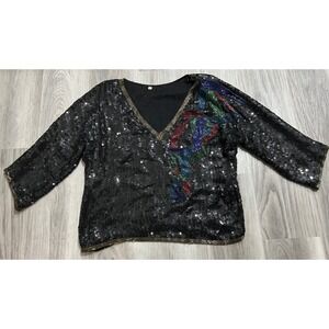 Vintage Black Sequin Beaded V-Neck Top Multi-Color Abstract Design Size M/L
